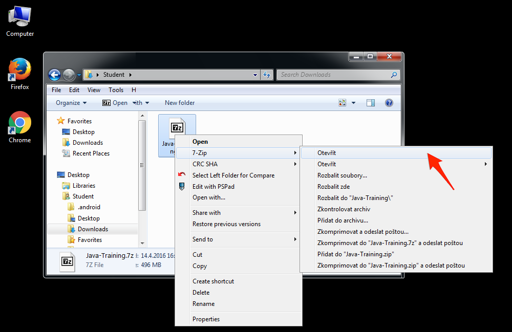 Screenshot otevření Java-Training.7z